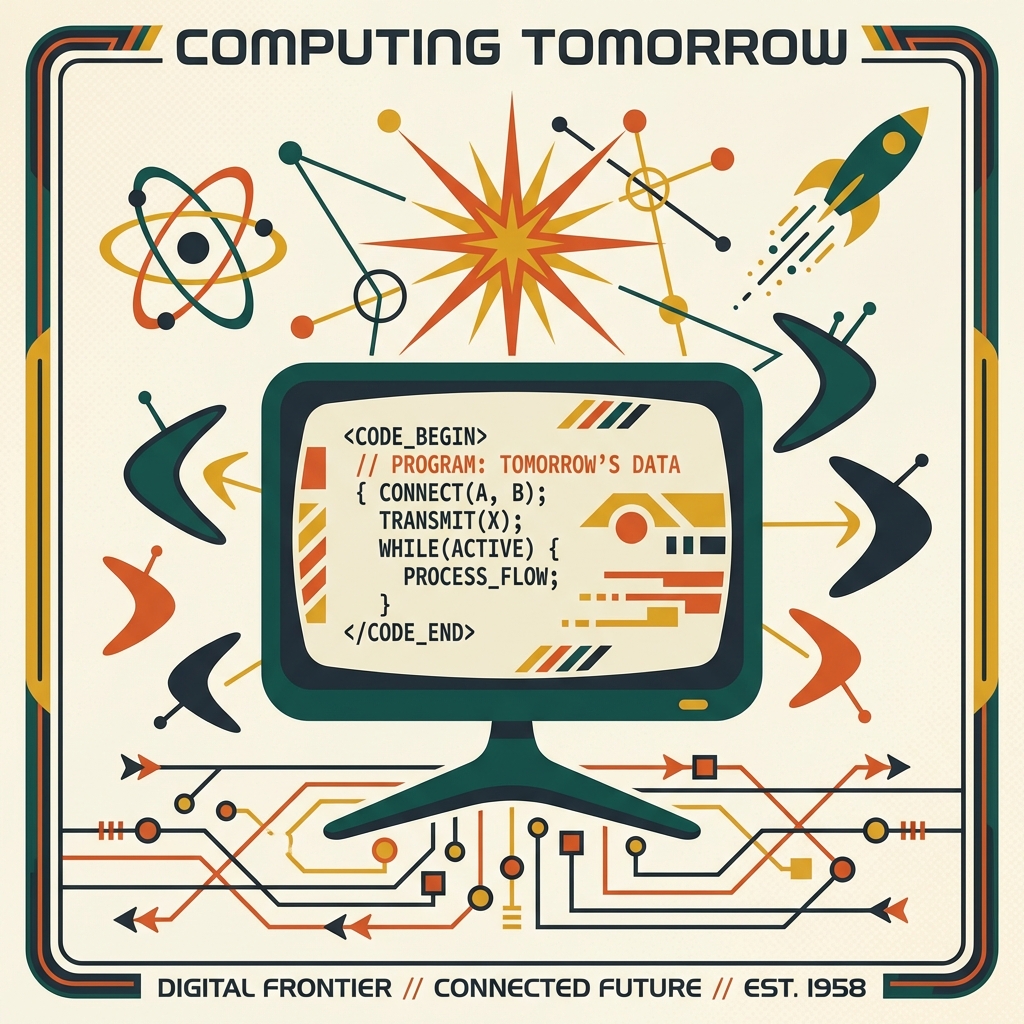 Mid-century modern illustration of web development